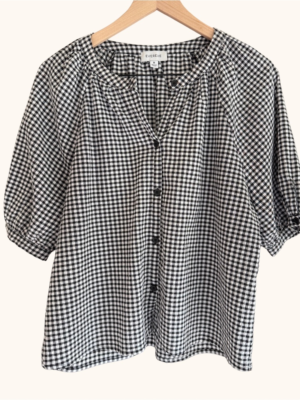 EVEREVE Black & White Gingham Puff Sleeve Button-Front Blouse M